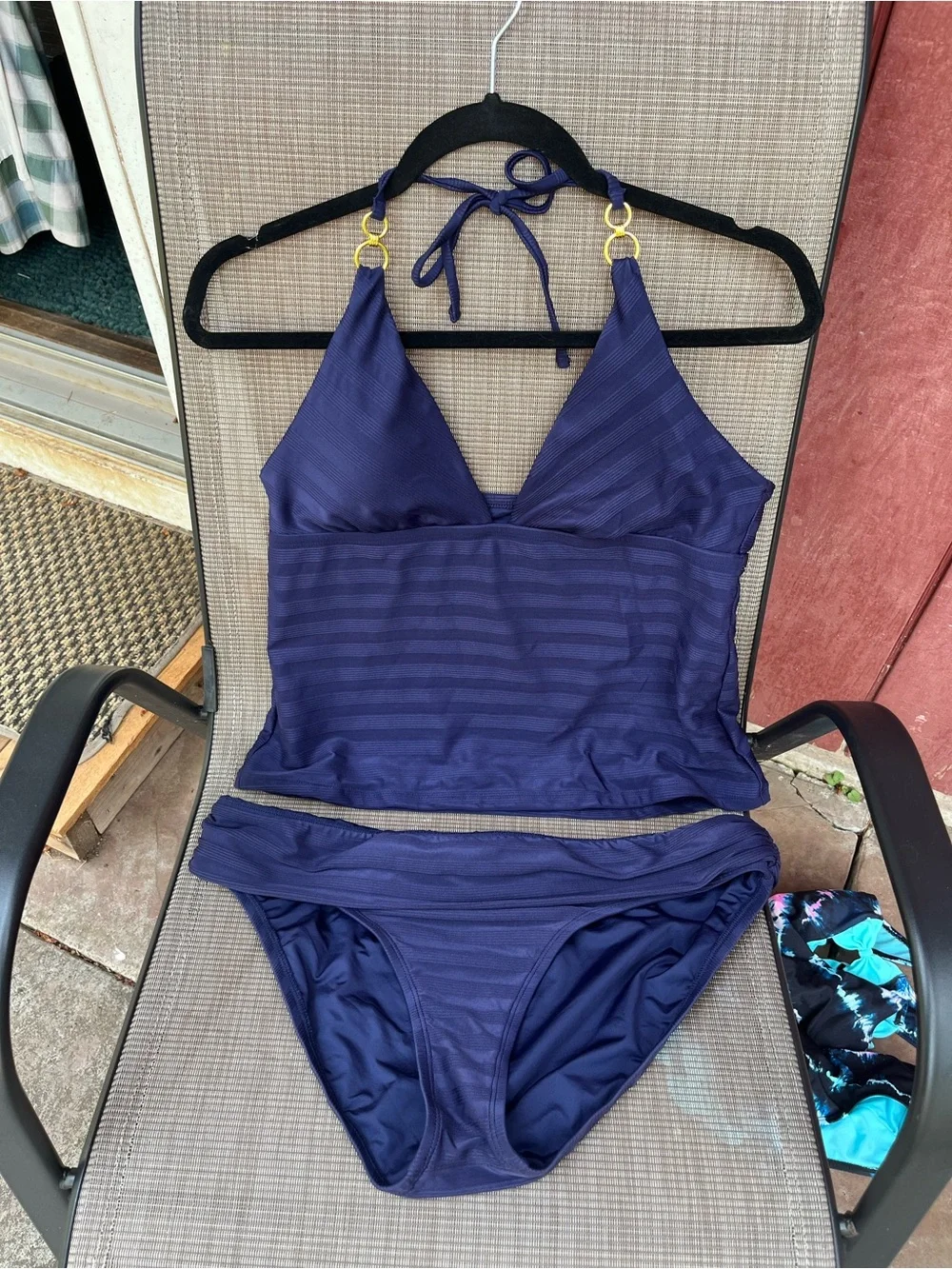 La Blanca Navy Blue Tankini Set with Gold Ring Accents. Added tummy control